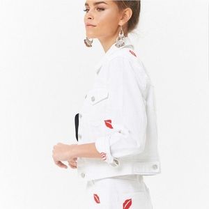Forever 21 | White Kiss Embroidered Jean Jacket
